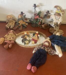 Vintage Handmade Rag Doll, Plush Bunny, Gold Vanity Tray & Floral Candelabra Decor Set ( SP2 )