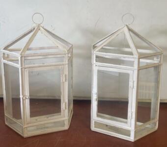 Set Of 2 White Hexagonal Glass & Metal Hanging Terrariums/Lanterns, 16" Tall, Hinged Doors ( SP3 )