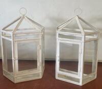 Set Of 2 White Hexagonal Glass & Metal Hanging Terrariums/Lanterns, 16" Tall, Hinged Doors ( SP3 )