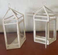 Set Of 2 White Hexagonal Glass & Metal Hanging Terrariums/Lanterns, 16" Tall, Hinged Doors ( SP3 ) - 2