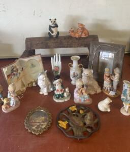 Vintage Ceramic Figurines & Faux Log Display Stand Mixed Animals, Figures, Vases ( SP3 )