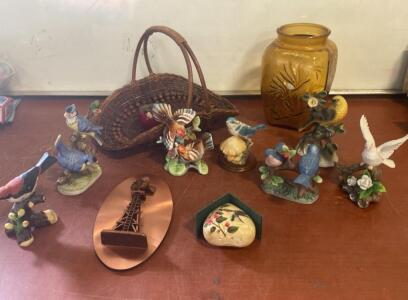 Vintage Multicolor Ceramic Bird Figurines With Windmill Plaque, Amber Glass Jar & Wicker Basket ( SP11 )