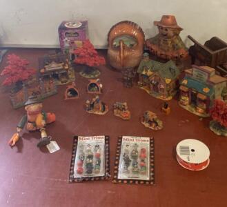 Autumn & Halloween Village Figurines: Mini Trims, Buildings, Turkey Basket, 15+ Pieces( SP4 )