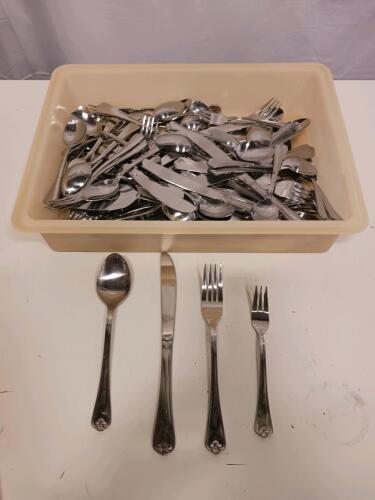 International Stainless Flatware Set, Indonesia, Shell Pattern, 70-100Pc, Spoons Forks Knives