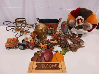 Thanksgiving Fall Decor &ndash; 9 Pieces: Wreath, Turkey Figurines, Welcome Sign, Scarecrow, Basket