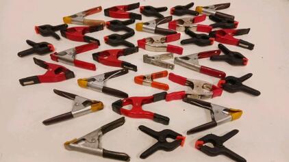 27 Assorted Spring Clamps, Mixed Steel & Plastic, 1&ndash;4 In Jaw, Toolsmith & Unbranded