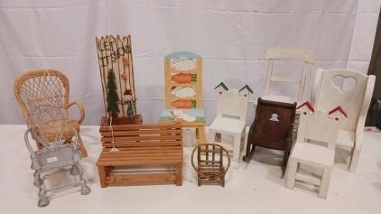 Miniature Wood Slat Bench And Hand-Painted Bunny Carrot Chair &mdash; Dollhouse Furniture Decor