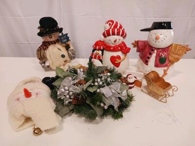 Christmas Holiday Decor: Ceramic Snowmen, Plush, Metal Sleigh & Centerpiece Bundle