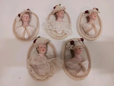 Set Of 5 Victorian-Style Bisque Porcelain Lady Wall Plaques, Lace & Flower Hats, 5" Tall