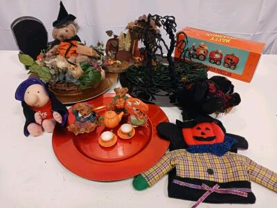 Halloween & Fall Decor With Porcelain Light-Up Pumpkin Train, Plush & Figurines, 11 Pieces