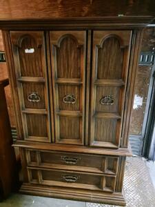 Vintage Wood Entertainment Center Cabinet, 3 Doors, 2 Drawers, Rear Cable Access, Traditional Style