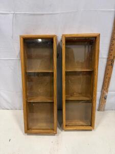 Pair Of Wall-Mount Wood Display Cabinets 20"x8" Glass 2-Shelf For Collectibles