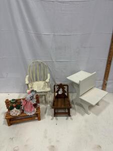 Vintage Doll Furniture Set &ndash; Windsor Chair, Step Stool, Rocking Chair, Bench With Dolls, Wood