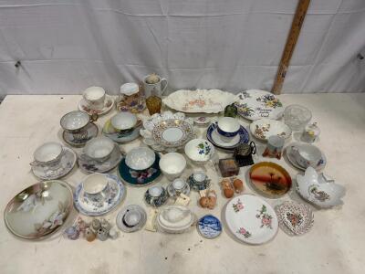 Assorted Vintage Porcelain Teacups Saucers Plates Figurines, Mixed Floral & Gold Decor, 42 Pieces
