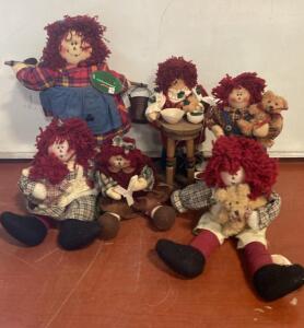 Set Of 6 CCI Raggedy Ann Style Cloth Dolls, 12&ndash;16", Plaid Outfits, Some With Bears, Decor Tag ( R3 )