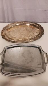 Vintage Silverplate Oval Tray & Stainless Rectangular Tray With Handles, 20"x14" & 18"x12"