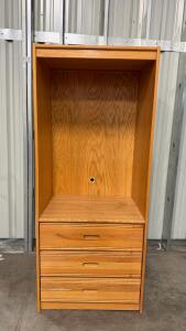 Oak Finish Armoire Cabinet With 3 Drawers, Adjustable Shelf Pegs & Cable Cutout, 72"x36"x22"