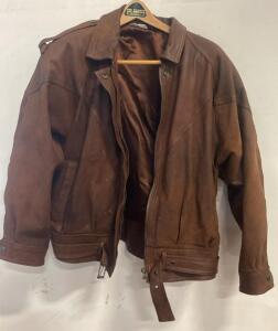Medium Brown Leather Bomber Jacket, Made In Korea, Zipper And Belt, Epaulets, Snap Cuffs ( R12 )