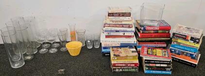 Large Assorted Glassware & Barware Lot &ndash; Goblets, Highballs, Pilsner Glasses, Vases, Ice Cream Bowl as well as 52 Assorted Books & Novels