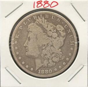 1880 Morgan Silver Dollar, Philadelphia Mint, 90% Silver, Circulated In 2x2 Holder