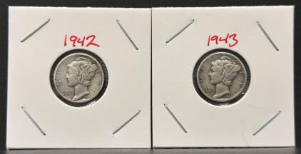 1942 & 1943 Mercury Dimes, 90% Silver, VG/F Condition, Winged Liberty Head Coin Pair
