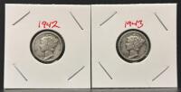 1942 & 1943 Mercury Dimes, 90% Silver, VG/F Condition, Winged Liberty Head Coin Pair