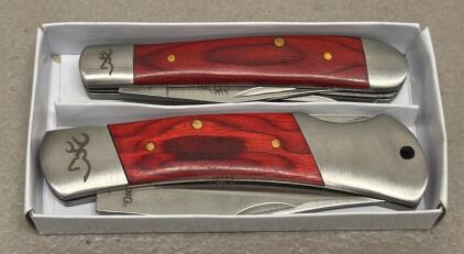 Browning RMEF Trapper Style Folding Knife Set Of Two With Red Wood Handle And Stainless Steel Blades