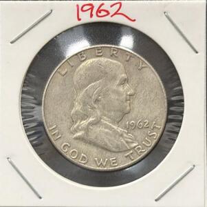 1962-D Franklin Half Dollar 90% Silver, Denver Mint, Circulated, Liberty Bell, Benjamin Franklin