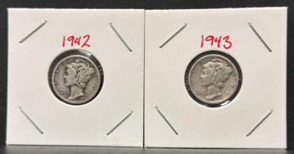 1942-S & 1943-S Mercury Silver Dimes, 90% Silver, 10&cent; US Coin, San Francisco Mint