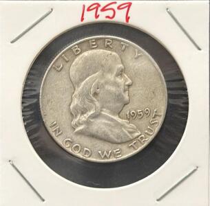 1959-D Franklin Half Dollar, 90% Silver, Denver Mint, Circulated