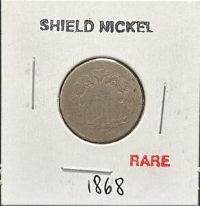 1868 Shield Nickel, 5 Cents, VG-F Condition, No Mint Mark, 75% Copper 25% Nickel