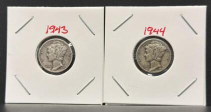 1943 & 1944 Mercury Dimes, 90% Silver, Winged Liberty, Circulated U.S. Coins Pair