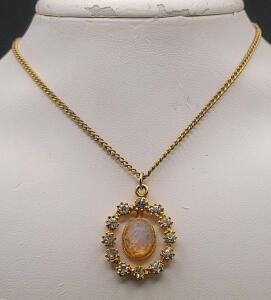 Vintage Gold-Tone Necklace With Opal Cabochon & Rhinestone Halo Pendant, Oval