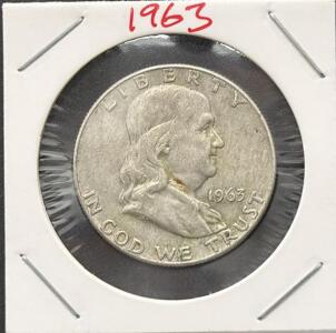 1963-D Franklin Half Dollar, 90% Silver, Denver Mint, Circulated, Liberty Bell Reverse