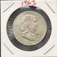 1963-D Franklin Half Dollar, 90% Silver, Denver Mint, Circulated, Liberty Bell Reverse