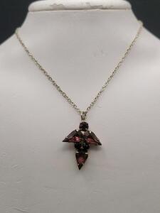 Sterling Silver Pendant Necklace, Purple Gemstones, Cross Design, Cable Chain