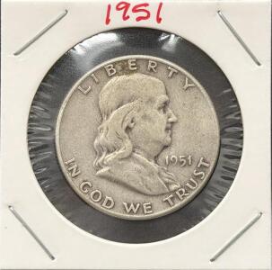 1951 Franklin Half Dollar, 90% Silver, Philadelphia Mint, Liberty Bell Reverse