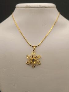 Gold-Toned Necklace With Floral Pendant, CZ Center