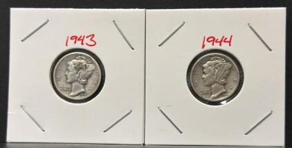 1943-D & 1944-S Mercury Dimes, 90% Silver, Circulated, Denver & San Francisco Mintmarks