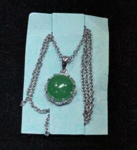 Burmese Green Jade Cabochon Pendant Necklace With Ornate Scalloped Bezel Setting