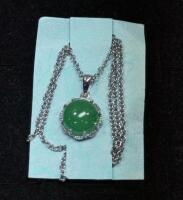 Burmese Green Jade Cabochon Pendant Necklace With Ornate Scalloped Bezel Setting
