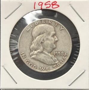 1958-D Franklin Half Dollar, 90% Silver, Denver Mint, Circulated