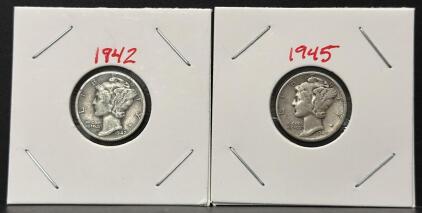 1942-S And 1945 Mercury Dimes &ndash; 90% Silver, Circulated Condition