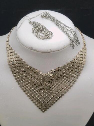 Silver Bib Necklace & Multi-Strand Chain Dangle Earrings Set, Fashion Statement Jewelry, Silvertone Metal