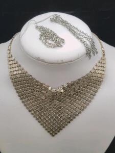 Silver Bib Necklace & Multi-Strand Chain Dangle Earrings Set, Fashion Statement Jewelry, Silvertone Metal