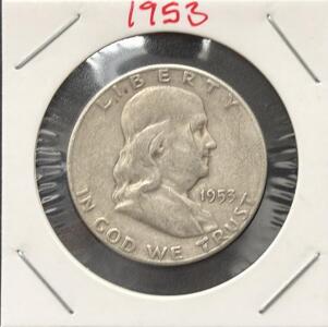1953-S Franklin Half Dollar, 90% Silver, Circulated, San Francisco Mint