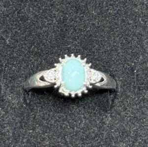 Sterling Silver Oval Blue Amazonite Ring With Halo Cubic Zirconia Accents STS 925 Split Shank