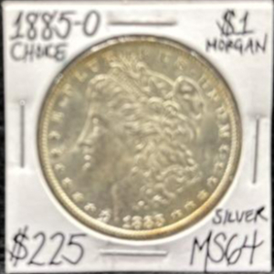 1885-O Morgan Silver Dollar, New Orleans Mint, MS64, 90% Silver, 1.5" Diameter, 0.86Oz Weight