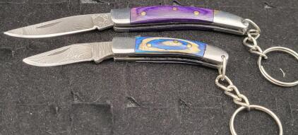 (2) Purple and Blue Miniature Folding Keychain Knife with Damascus-Patterned Blade and Dyed Wood Handle