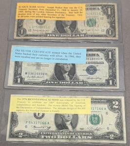 Scarce Barr $1, 1935E Silver Certificate, and 1976 Bicentennial $2 Note Serials L47536211G, M03618890H, F54317166A
